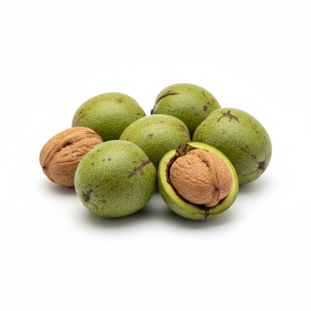 Noci fresche con mallo su sfondo bianco